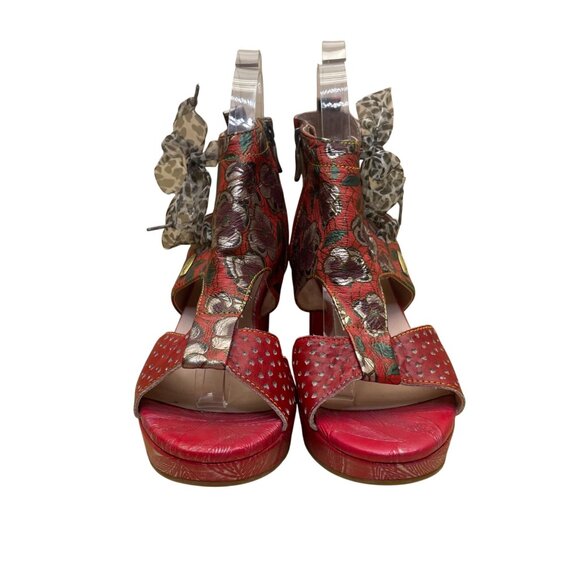 Laura Vita Women’s Red Floral Pattern Leather Open Toe Bow Accent Heels Size 10 - Picture 2 of 11